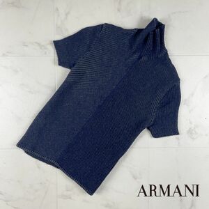 美品 ARMANI JEANS アルマーニジーンズ 斜めリブ イタリア製 ウール ハイネック半袖カットソー トップス レディース 黒 サイズM*BC4