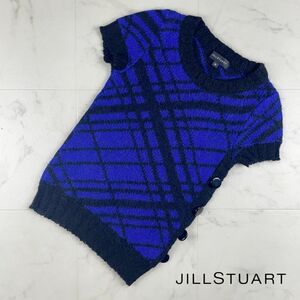 прекрасный товар JILLSTUART Jill Stuart Ram шерсть moheya. наклонный проверка короткий рукав шерсть вязаный свитер женский tops синий размер M*BC133