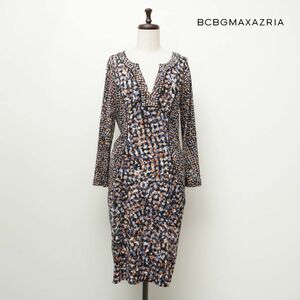 BCBG MAXAZRIA ビーシービージーマックスアズリア 長袖スキッパーワンピース 膝丈 裏地なし 総柄 レディース マルチカラー サイズS*BC831