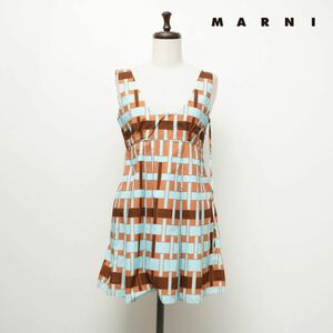 美品 MARNI joyce マルニ ノースリーブコットンブラウス トップス プルオーバー チェック レディース 水色 茶色 ブラウン サイズ40*BC834