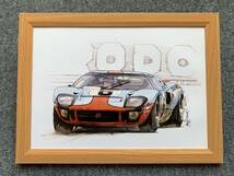 ■BOW。池田和弘『Ford GT40』B5サイズ 額入り 貴重イラスト 印刷物 ポスター風デザイン 額装品 アートフレーム インテリア 旧車_画像1