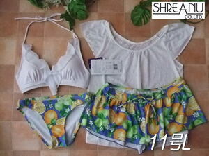 * new goods * sleeve race Cami * flair bikini *11 number L* swimsuit * fruit design * white blue 