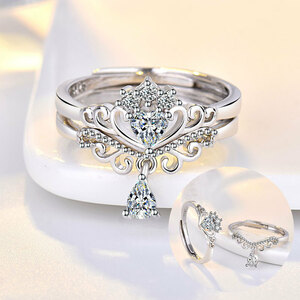  open ring ring silver Heart white cz 2wey 2 piece lady's Korea rhinestone Cubic Zirconia Kirakira beautiful #C1800-2