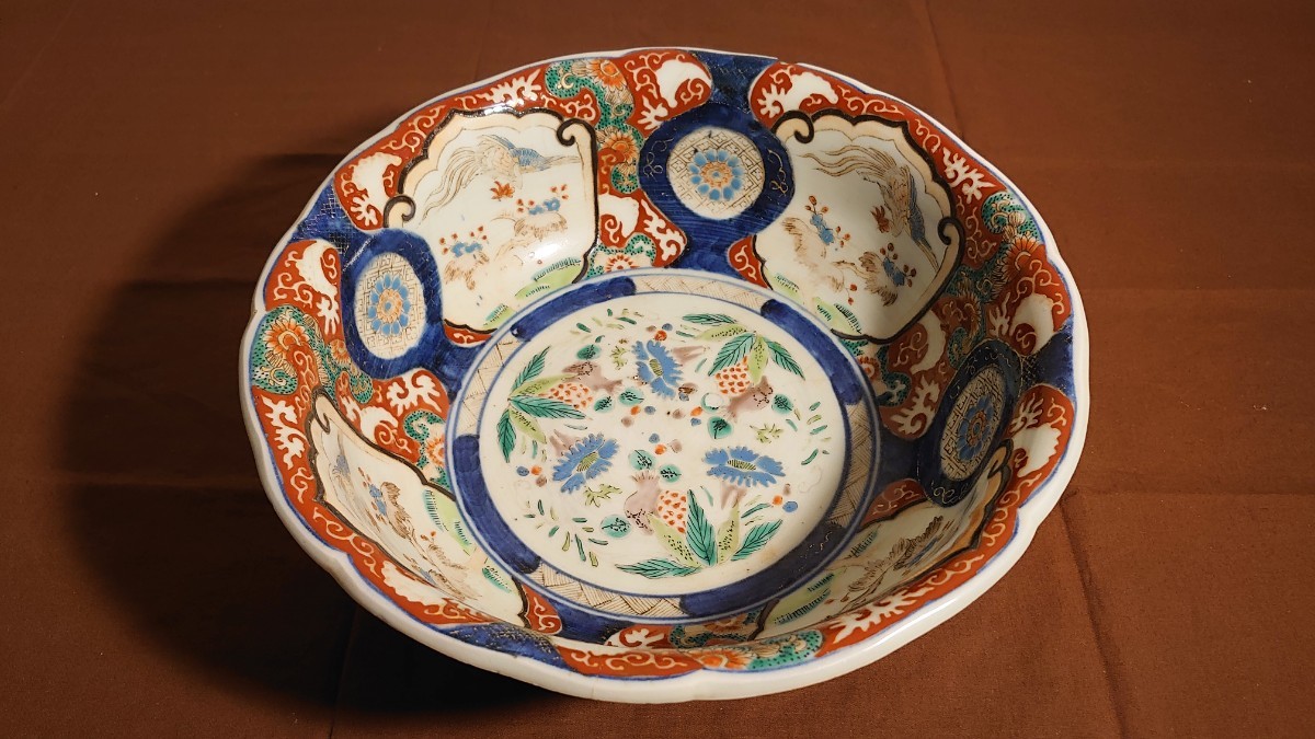 おすすめネット 古伊万里 色絵金彩 輪花大鉢 深鉢 鳥魚貝之図 陶芸