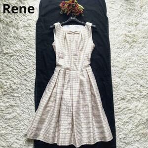 【美品】Rene　ルネ　ボーダーストライプワンピース　リボン　膝丈　ノースリーブ　36