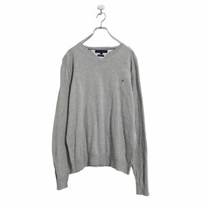 TOMMY HILFIGER コットン ニット セーター M グレー トミーヒルフィガー Vネック ワンポイントロゴ 古着卸 アメリカ仕入 a504-5191