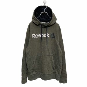 Reebok スウェット パーカー M グリーン ホワイト リーボック プリント ロゴ フーディー スポーツ 古着卸 アメリカ仕入 a504-6270