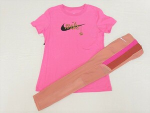 NIKE ウィメンズ Tシャツ タイツ セット ピンク M ナイキ ランニング 7/8 スパッツ チャーム 上下セット CJ7913-610 AQ5377-605