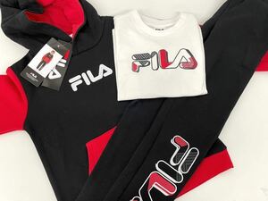 新品■FILA フィラ ボーイズ キッズ パーカー 3点セット 8 / 8歳 半袖 スウェットパンツ 赤×黒