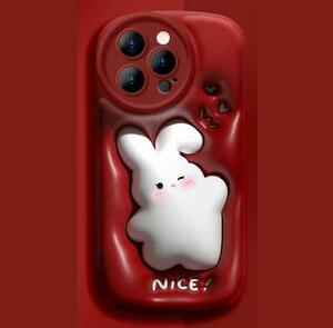iPhone14Proケース 赤色 かわいいウサギ 落下防止 耐衝撃 ふかふか感