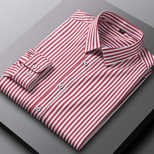 P233-2XL新品DCKMANY■ストライプシャツ メンズ 長袖 ワイシャツノーアイロン 形態安定 ビジネスシャツ シルクのような質感/レッド