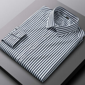 P236-M新品DCKMANY■ストライプシャツ メンズ 長袖 ワイシャツノーアイロン 形態安定 ビジネスシャツ シルクのような質感/ブラックグレー