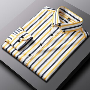 P022-2XL新品DCKMANY■縦縞 長袖シャツ メンズ ノーアイロン 形態安定 ストライプ ビジネス ワイシャツ シルクのような質感/イエロー