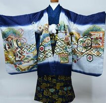 七五三 五歳 男児 羽織袴フルセット 着物 L寸 金刺繍 豪華絢爛 綸子地 濃紺地 鷹 袴変更可能 祝着 新品（株）安田屋 NO38736_画像3