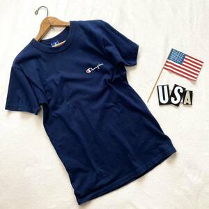 美品！9０ｓチャンピオン胸ワンポイントスクリプトロゴ青タグビンテージＴシャツネイビーＵＳＡ製アメリカ米国9０年代ヴィンテージ半袖紺色