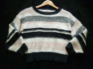 E hyphen world gallery PEACE/ E hyphen world gallery * beige × black border shaggy knitted sweater F/ long sleeve tops *N1129