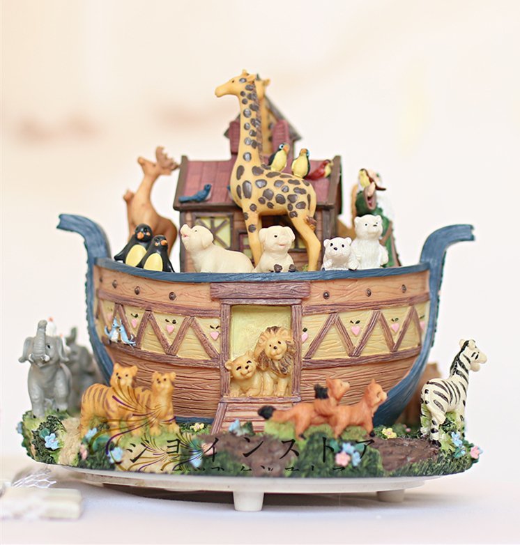 Cute Zoo Pirate Ship Rotating Music Box Clockwork Pleasant Tone Resin Figurine Room Interior Hand-painted Handmade Handcrafted, furniture, interior, Interior accessories, Music Box