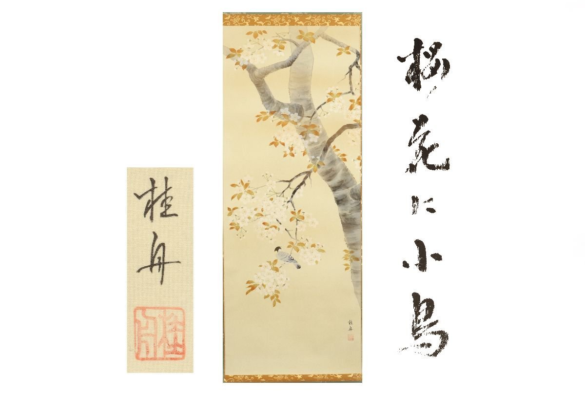 [Galla Fuji] Envío gratis/Nagae Keishu/Flores de cerezo y un pájaro pequeño/186 cm/C-90 (inspección) Antiguo/Pergamino colgante/Pintura/Pintura japonesa/Ukiyo-e/Caligrafía/Té colgante/Antiguo/Pintura en tinta, Obra de arte, libro, pergamino colgante