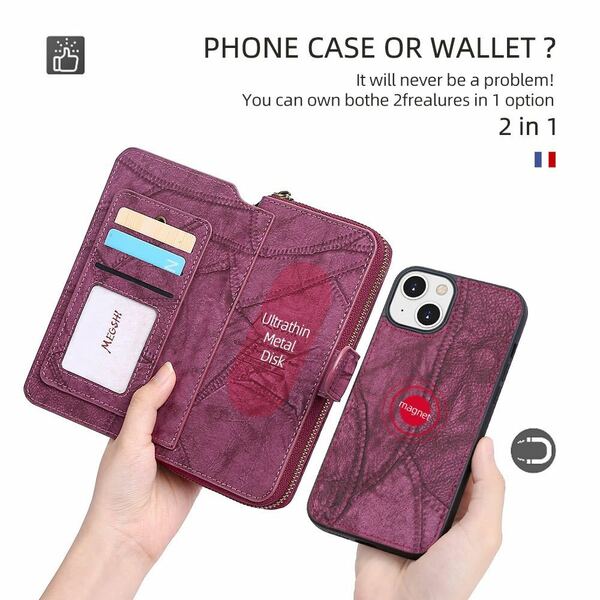 iPhone 13 mini レザーケース アイフォン13 ミニ　ケース 手帳型 お財布付き カード収納 財布型 ストラップ付き ワイン