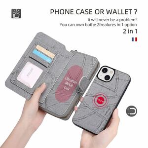 iPhone 13 mini レザーケース アイフォン13 ミニ　ケース 手帳型 お財布付き カード収納 財布型 ストラップ付き グレー