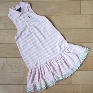 ポロラルフローレン　女の子　120★ポロシャツワンピース★ピンクボーダー柄 レース付きキッズ夏服