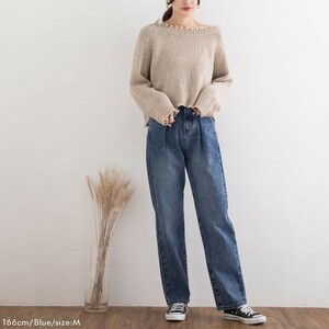 ◆新品 未使用　夢展望　Newlyme タックデニムパンツ ブルー L　ジーンズ　ズボン　パンツ　大きい　大きめ　ゆったり　かわいい
