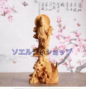 極美品★仏教美術 観音菩薩 魚籃観音立像 仏像 獅子魚 木製 木彫 細密細工★高18cm　