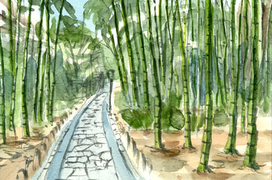 8305호 대나무 숲길/슈젠지, 이즈시, 시즈오카현 / 다나카 치히로(사계절 수채화) / 선물부속, 그림, 수채화, 자연, 풍경화