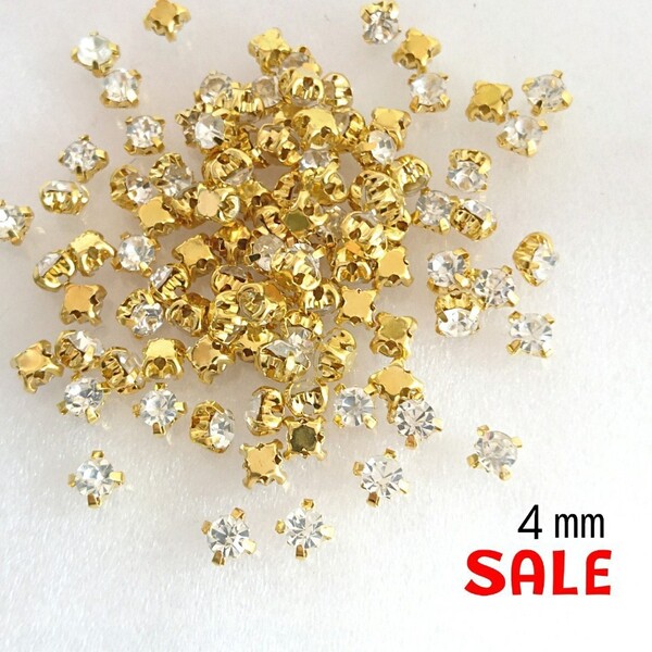 4mm・ゴールド台座付き(クリア)100個◆デコパーツ ハンドメイドに/匿名配送