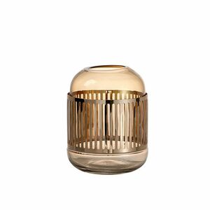 フラワーベース 円柱形 クリアガラス ゴールドのストライプ透かしデザイン (琥珀色×Sサイズ)