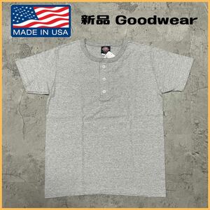  新品 Goodwear グッドウェア USA製 ヘンリーネック スリム Tシャツ 半袖 ヘビーウェイト アメリカ製 グレー サイズM 玉FL2625