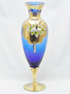 23-H-257　vetro di Murano　ベネチアングラス　ムラーノガラス　べトロ　花瓶　青　ブルー　金　花　イタリア製　保管品