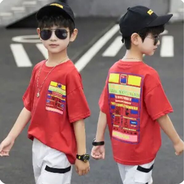 韓国子ども服 上下セット ボーイズ 男の子 150 赤 黒 セットアップ 2枚組
