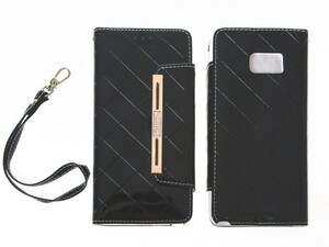 Samsung Galaxy Note 7 用 ラインストーン飾り 菱形柄 光沢PUレザー カード入れ スタンドケース#ブラック