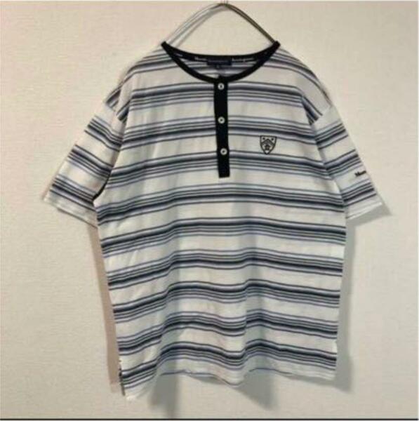 ●マンシングウェアゴルフウェア半袖ボーダーTシャツノーカラーメンズ紺M水色