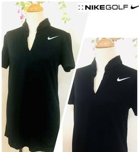 NIKE GOLF　ナイキゴルフ　DRY-FIT　お洒落なネックライン　半そでシャツ　ブラック　レディースL　薄手　ツアーモデル