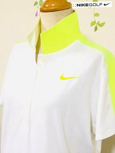 NIKE GOLF　ナイキゴルフ　DRY-FIT　ボーダー半袖シャツ　蛍光イエロー×ホワイト　薄手　サイズ　レディースL　ツアーモデル