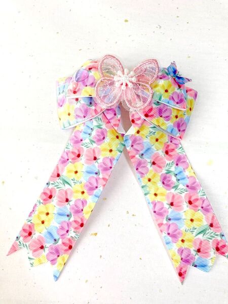 259 ハンドメイド ヘアゴム キッズ リボン 花柄×バタフライ ピンク ハーフアップ 発表会