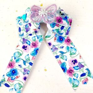 262 ハンドメイド ヘアゴム キッズ リボン 花柄×バタフライ パープル ハーフアップ 発表会