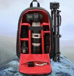 （レインカバー付き）カメラバッグ リュックサック 一眼レフ アウトドアキャンプ 登山 パソコン収納 ブラック×レッド 黒×赤 メンズ鞄a280