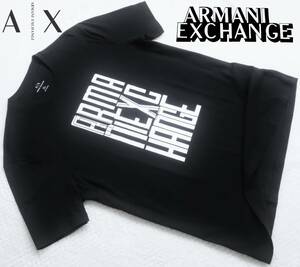 新品★アルマーニ★シックな ブラック Tシャツ★ホワイト ロゴプリント★クルーネック★黒 白 モノトーン XL★ARMANI☆738