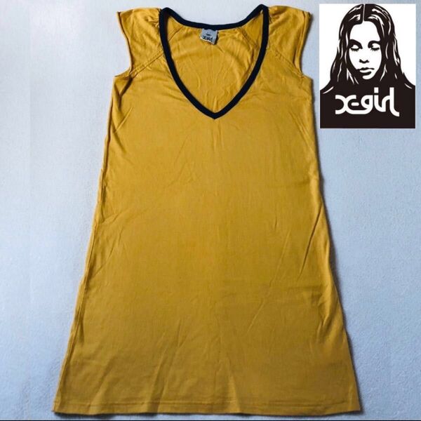 【X-GIRL】エックスガール「Tシャツ」チュニック 半袖 カラシ色