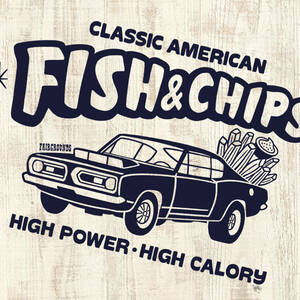 ■FISH & CHIPS Tシャツ■XLサイズ（ホワイトxネイビー）アメリカ　アメ車　モパ－　MOPAR PLYMOUTH BARRACUDA　ハンバーガー