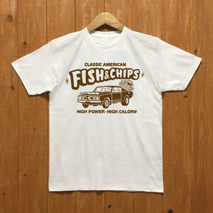 ■ FISH & CHIPS Tシャツ■XLサイズ（ホワイトxブラウン）アメリカ　アメ車　モパ－　MOPAR PLYMOUTH BARRACUDA　ハンバーガー