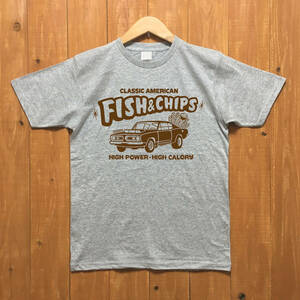 ■ FISH & CHIPS Tシャツ■Sサイズ（グレーxブラウン）アメリカ　アメ車　モパ－　MOPAR　PLYMOUTH BARRACUDA 　ハンバ－ガ－　ポテト