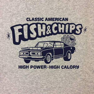 ■FISH & CHIPS Tシャツ■Lサイズ（グレーxネイビー）アメリカ　アメ車　モパ－　MOPAR　PLYMOUTH BARRACUDA 　ハンバ－ガ－　ポテト