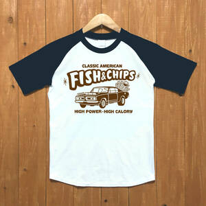 ■FISH&CHIPS ラグランTシャツ■ XLサイズ（ネイビーxブラウン）アメリカ　アメ車 モパ－　MOPAR PLYMOUTH BARRACUDA ハンバーガー　ポテト