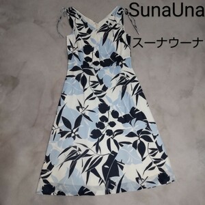 SunaUna SunaUna no sleeve One-piece floral print botanikaruA line Flare dress white blue blue navy navy blue knees height M resort 