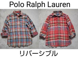 ポロ ラルフローレン リバーシブル ネルシャツ 長袖シャツ フランネルチェックシャツ タータンチェック ブルー 青 水色 赤 メンズ L