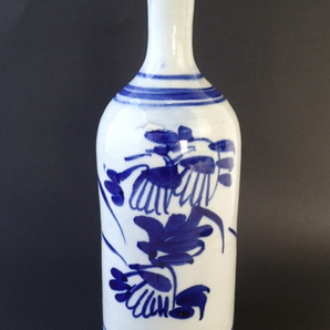 出石の三合徳利 ベロ藍 染付 牡丹 花柄 手描き 酒器 花瓶 飾り壺 古美術 JAPAN ②の画像1